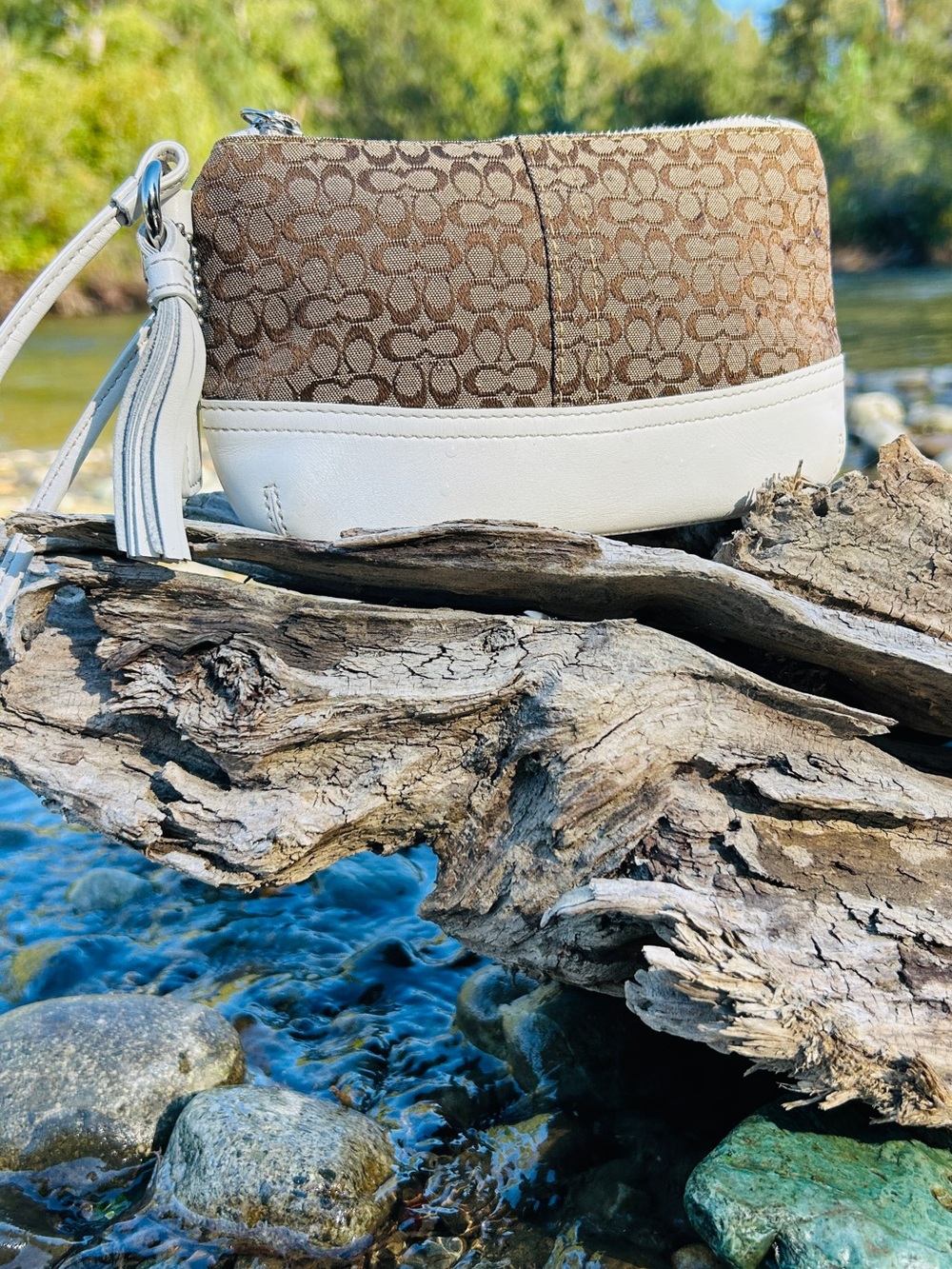 Vintage Coach Hamptons Signature Canvas Wristlet with White Tassel